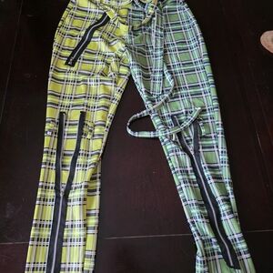 Plaid Zippered Pants in Green and Yellow